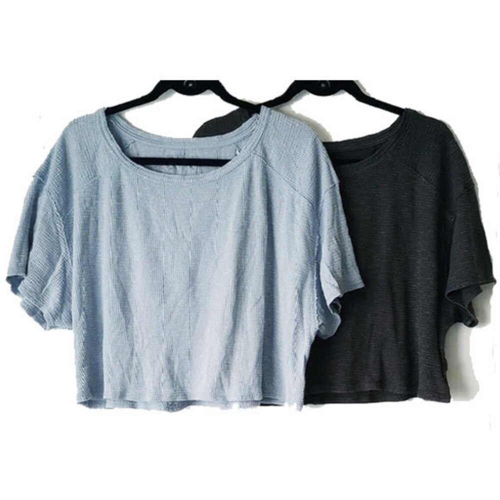 2 Aerie Offline Cotton Waffle Knit Crop Box Tops M Black Light Dusty Blue